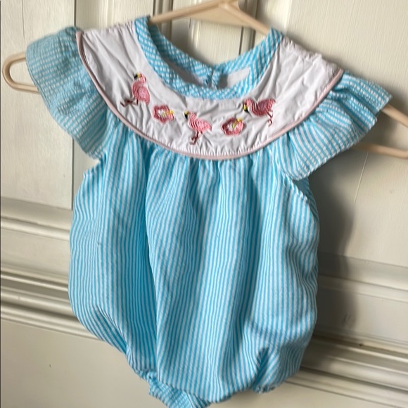 Blue Striped Baby Romper with Flamingo Embroidery - Picture 1 of 7